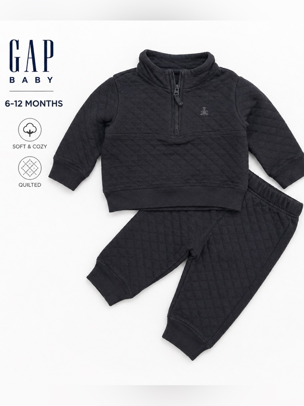 Baby GAP Quilted 2-Piece Pullover & Jogger Set Black 6-12 Months
